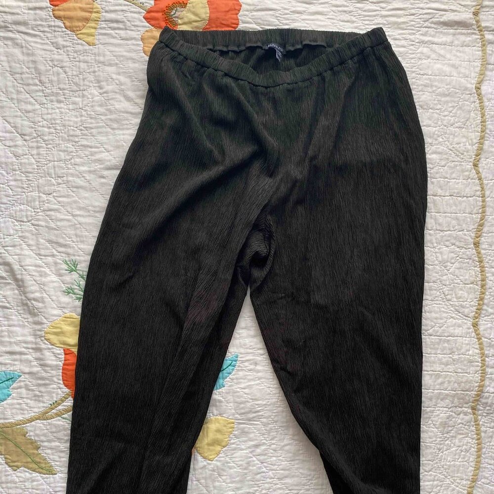 Eileen Fisher dark green silk pants with split hem at the ankle